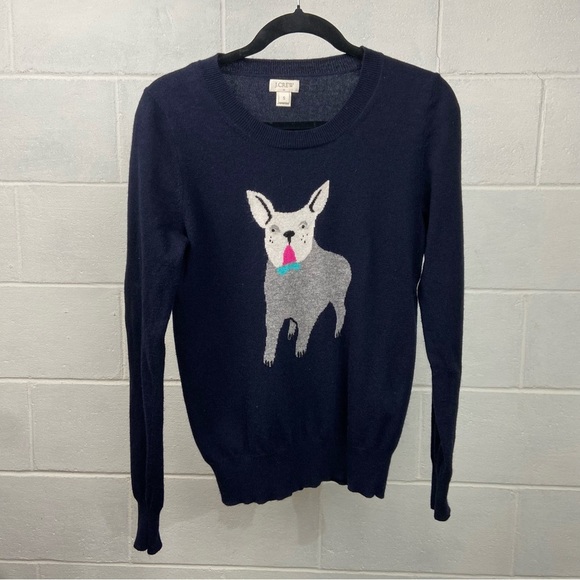 J. CREW French Bulldog Pullover Crewneck Sweater Women's‎ Small Navy **EUC - Picture 1 of 5
